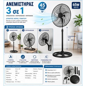 Ανεμιστήρας 3 σε 1 45cm 65W – Ορθοστάτης, Επιτραπέζιος και Επιτοίχιος