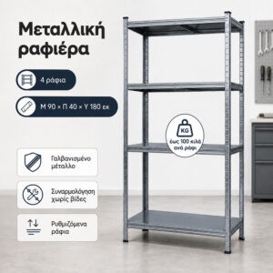 Γαλβανισμένο Μεταλλικό Ράφι Γκρι 90×40×180 εκ — 4 Ράφια | Έως 100 kg
